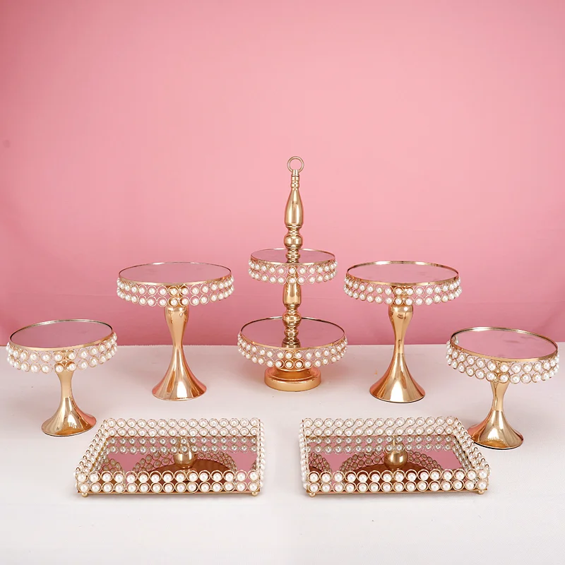 1-7pcs Gold Round Metal  Cake Stand Set  2tier Fruit trayCupcake Dessert Display with peral