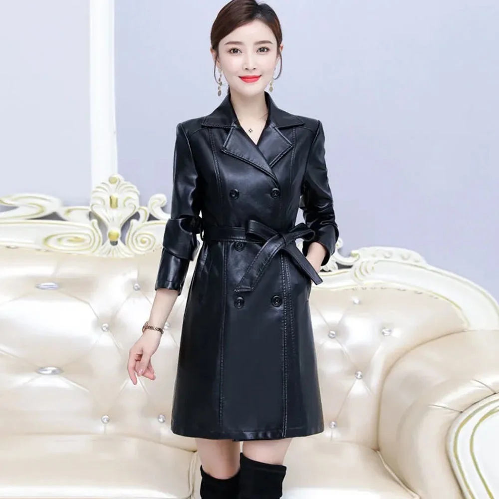 Fall Casual Simple Faux Leather Jacket Lady PU Women Clothing Plus Size 2025 Moms Clothing Trench Long Faux Leather Street Coat