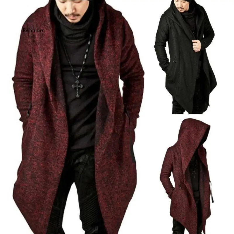 Trincheira com capuz masculina, roupas casuais de outono inverno, cardigan de malha de manga comprida, casaco slim sólido, sobretudo masculino moda de rua