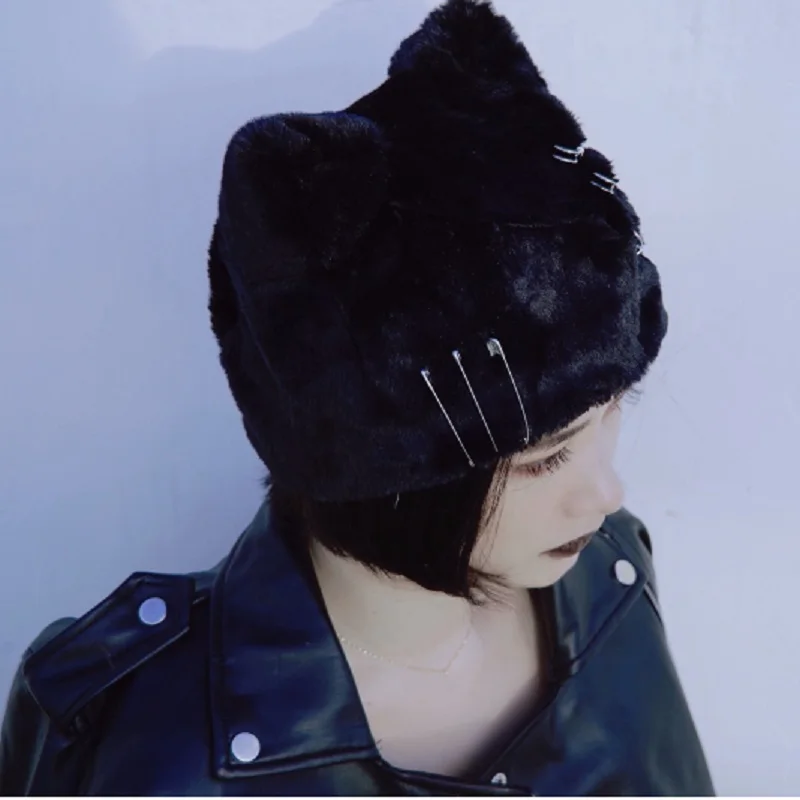 Harajuku Punk Gothic Cross Pin Cat Ears Plush Black Berets Autumn Winter Warm Bucket Hat Women Girls Chic Streetwear