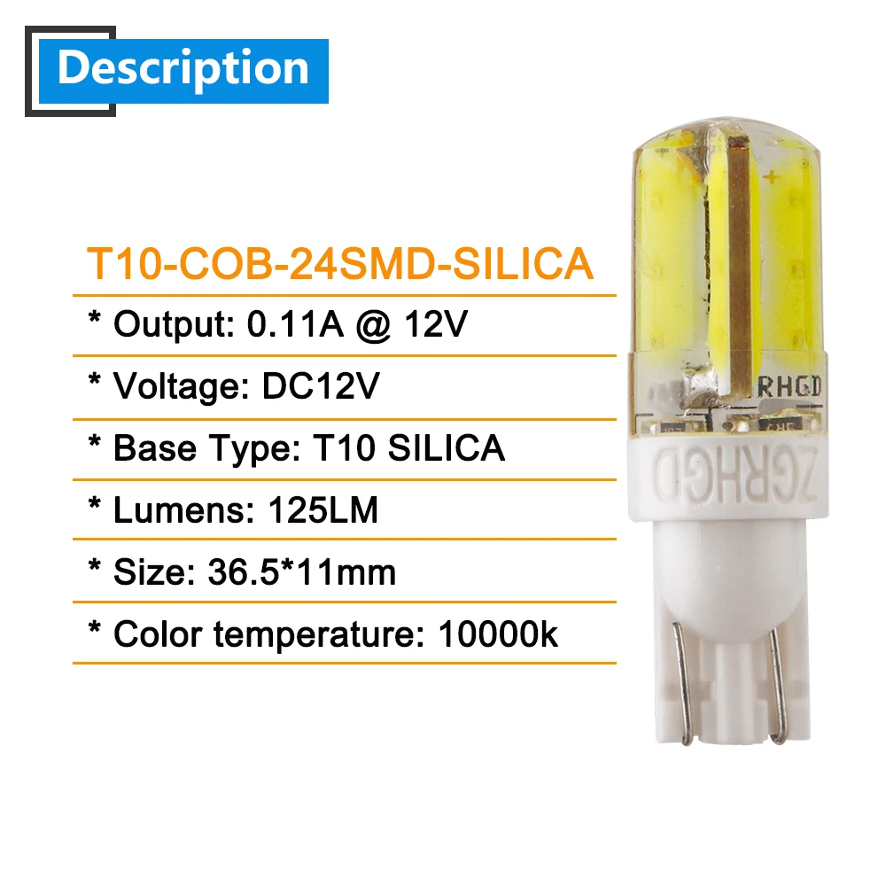 4pc DC 12V T10 W5W COB 24 SMD Silica LED Bulbs Car Indicator Reading Door Side marker Corner Lights White 125LM 10000K