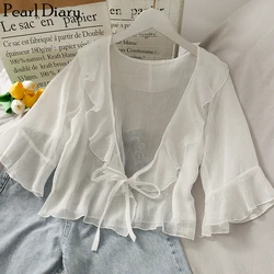 Pearl Diary Chiffon Blouse Bow Tie Front Ruffle Neckline And Sleeve Summer Drapey Sheer Blouse Beach Casual Chiffon Cover Up