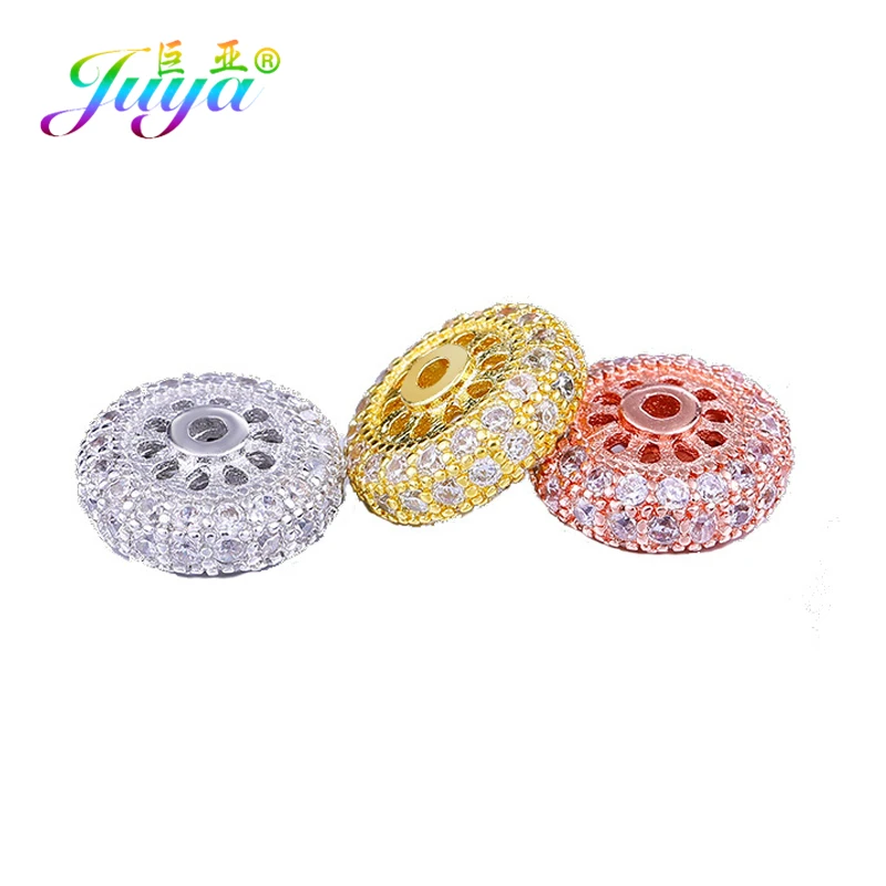 Juya DIY Charm Beads Supplies Micro Pave Zircon 11mm Metal Spacer Beads For Handmade Natural Stone Beadwork Beads Jewelry Making