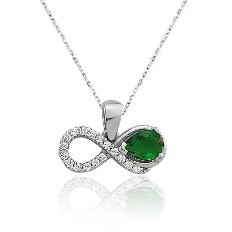 Silver Green Cubic Zirconia Infinity Ladies Necklace Zircon Stone 925 Sterling Women Fine Jewelry Wedding Party Birthday Gift - Box - Pendant - Chain Choker - Female - Ladies - Fashion