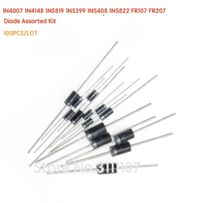 1N4007 1N4148 1N5819 1N5399 1N5408 1N5822 FR107 FR207 Diode Assorted Kit ,Electronic Components Package, 8values=100pcs