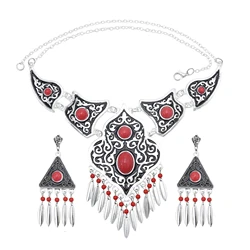 Gypsy Blue Red Stone Geometric Pendant Necklaces & Earrings Sets for Women Bohemia Indian Jhumka Oxidized Jewelry Set Party
