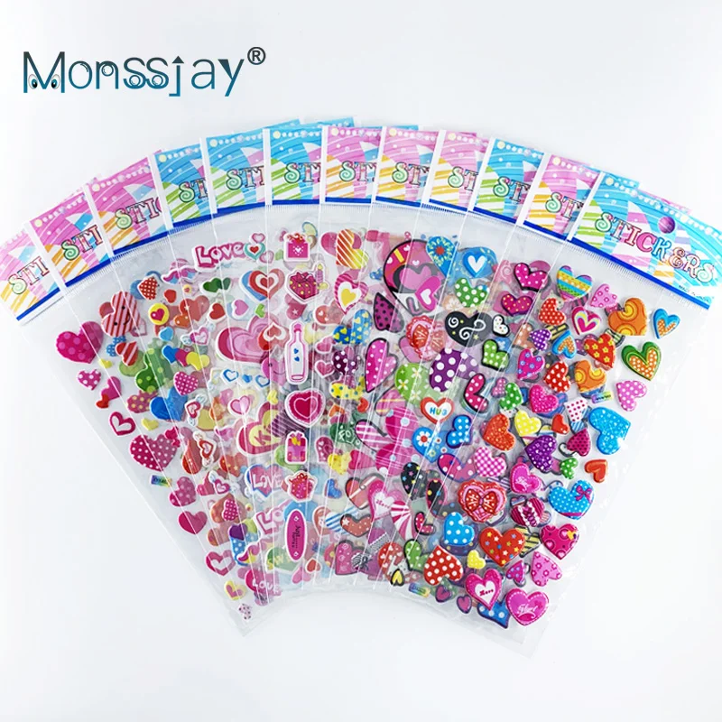 12 Sheets/Pack Love Heart Shape Hot 3D Cute Sticker Toy Kids DIY Bubble PVC Stickers Lovely Reward Sticker For Children