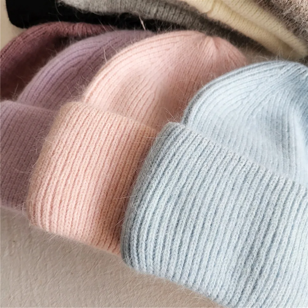 2022 Fashion Fabbit Fur Soft Warm Fluffy Winter Hat for Women Angora Knitted Hat Skullies Beanies Female Bonnet Woman Knit Cap