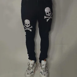 y2k Man Black Stretchy Jeans Skinny Slim Fit Hot Drill Letter Punk streetwear Biker Trousers Men's All-match Denim Pencil Pants