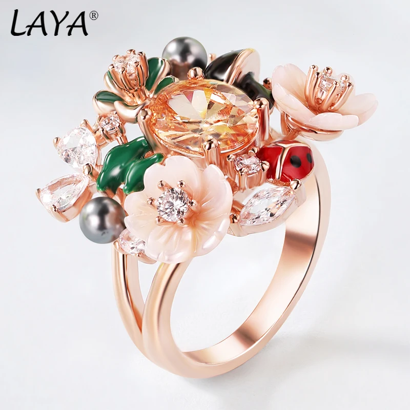 Laya Ring For Women High Quality Zircon Natural Shell Flower 925 Sterling Silver Animal Enamel Fashion Original Modern Jewelry