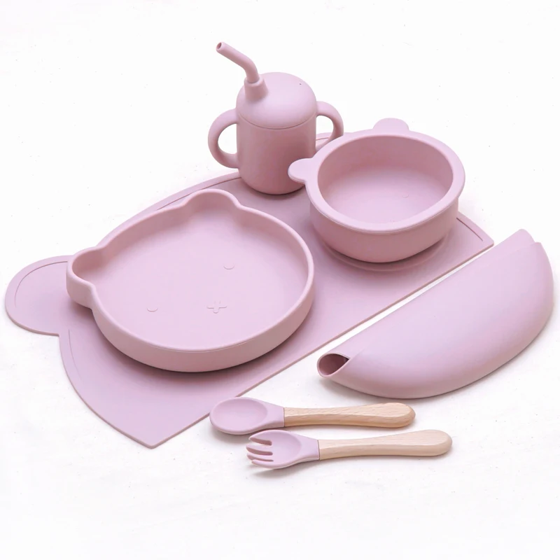 

Baby Silicone Dinnerware Set Feeding Solid Food Bib Cartoon Animal Suction Dishes Plates Food Grade Fork Spoon And Straw Cup