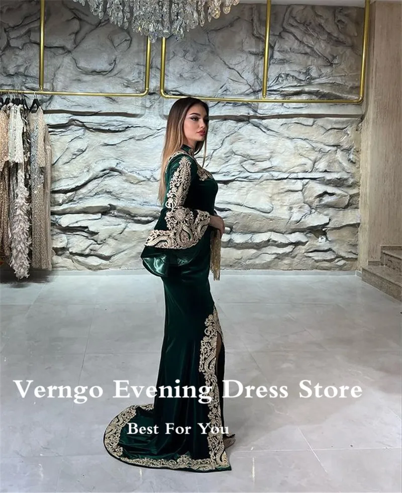 Verngo Velvet Mermaid Prom Gown Emerald Green Applique Dubai Evening Dress 2024 France Kaftan Moroccan Formal Occasion Gown