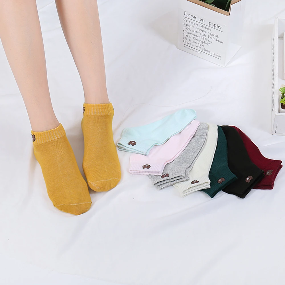 10 Pieces = 5 Pairs Women Short No Show Socks Set Cute Cartoon Bear Head Ankle Invisible Cotton Sock Slippers Korean Japan Funny