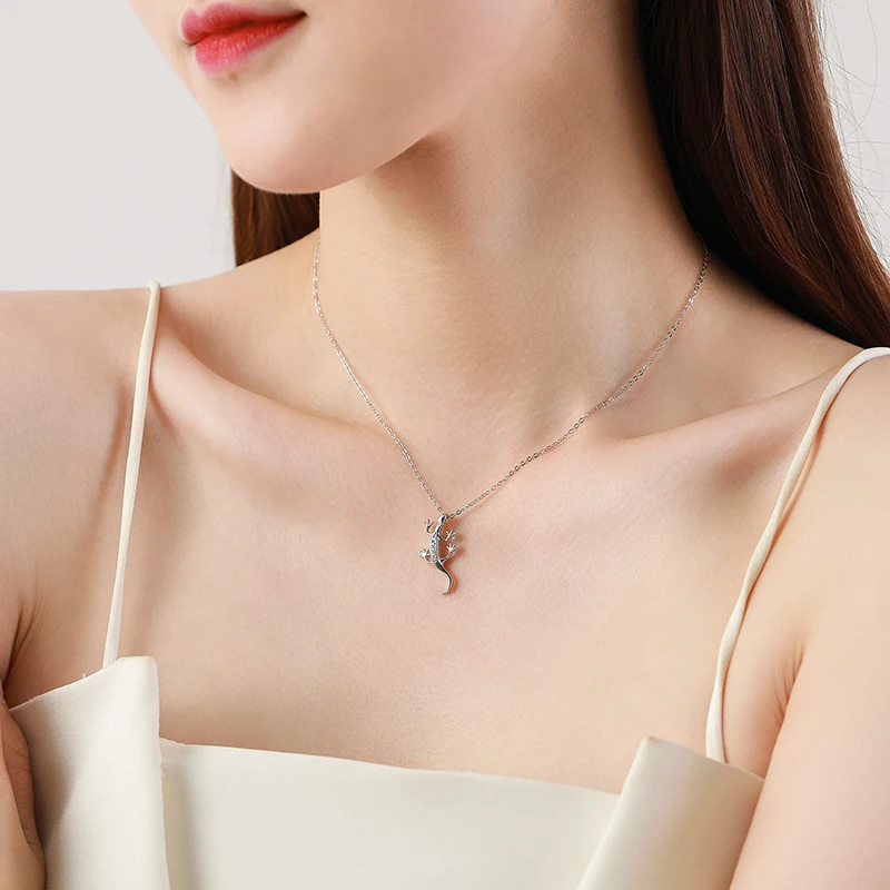 Ailmay Authentic 925 Sterling Silver Fine Lizard Zircon Pendant Necklace For Women Girls Personality Party Accessories Jewelry