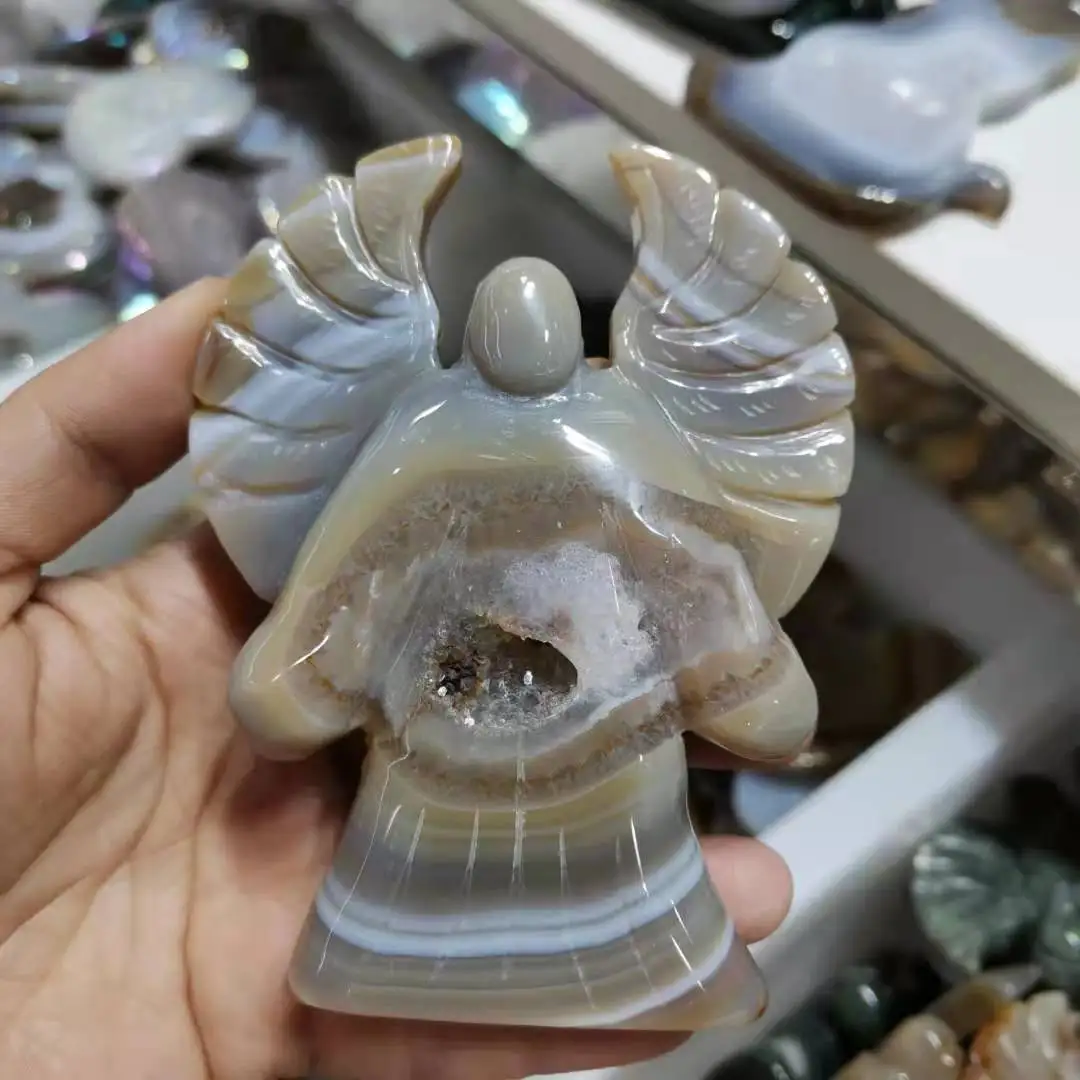 Hand Carved stone Crystal Angel Natural Agate geode Angel statue Deocration