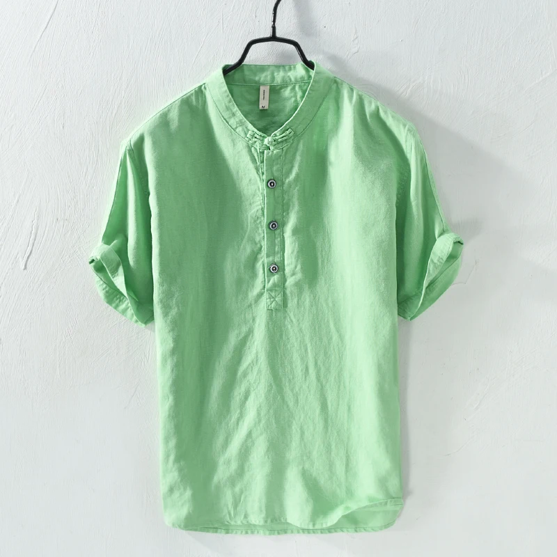 

Cotton and linen brand men t shirt summer green t-shirt for men stand collar breathable t shirts male solid tshirt mens camiseta