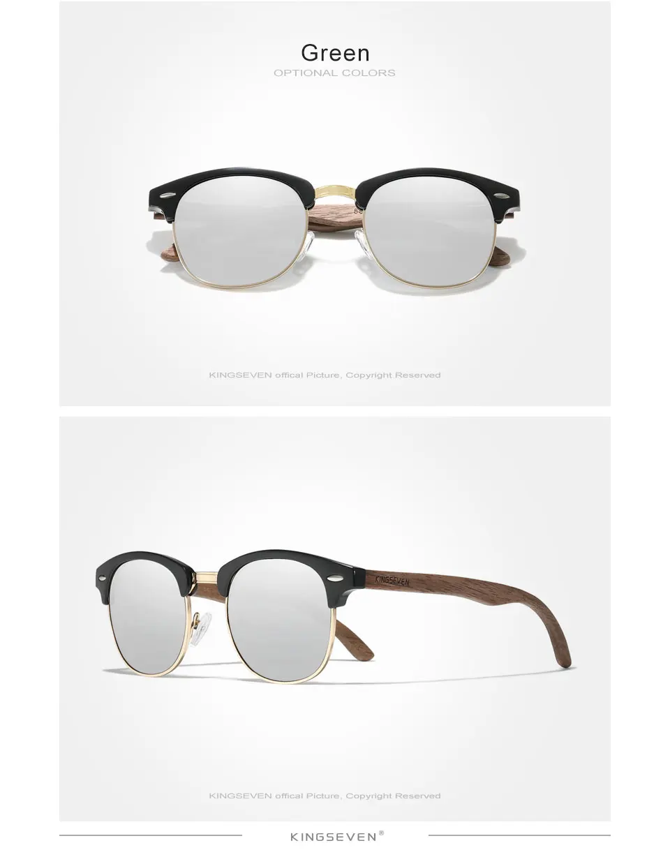 KINGSEVEN Marke Walnuss Sonnenbrille Männer Frauen Polarisierte UV400 Objektiv Holz Runde Rahmen Gläser Vintage Retro Luxus Brillen Patchwork – Detail 8