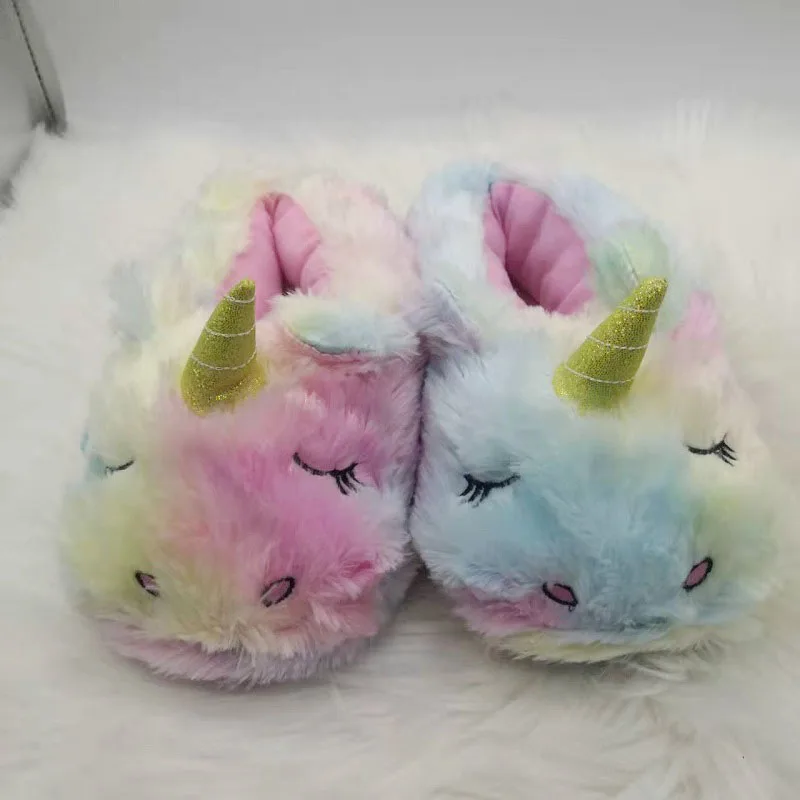 Women Cartoon Unicorn Winter Home Slippers Cute Plush Fluffy House Slides Girls Furry Flip Flop Fur Slides Cotton Indoor Shoes