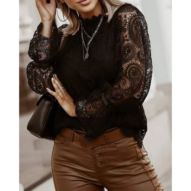 New Elegant Embroidery Hollow Out Lace Blouse Shirt Women Sexy Petal Long Sleeve Pullover Tops Ladies 2021 Autumn Stand Collar