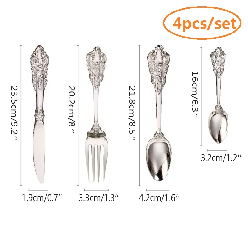 4-24pcs Luxury Wedding Silverware set Silver Plated Dinnerware Dinner Knife Fork Spoon Teaspoon Retro Cutlery Kitchen Tableware