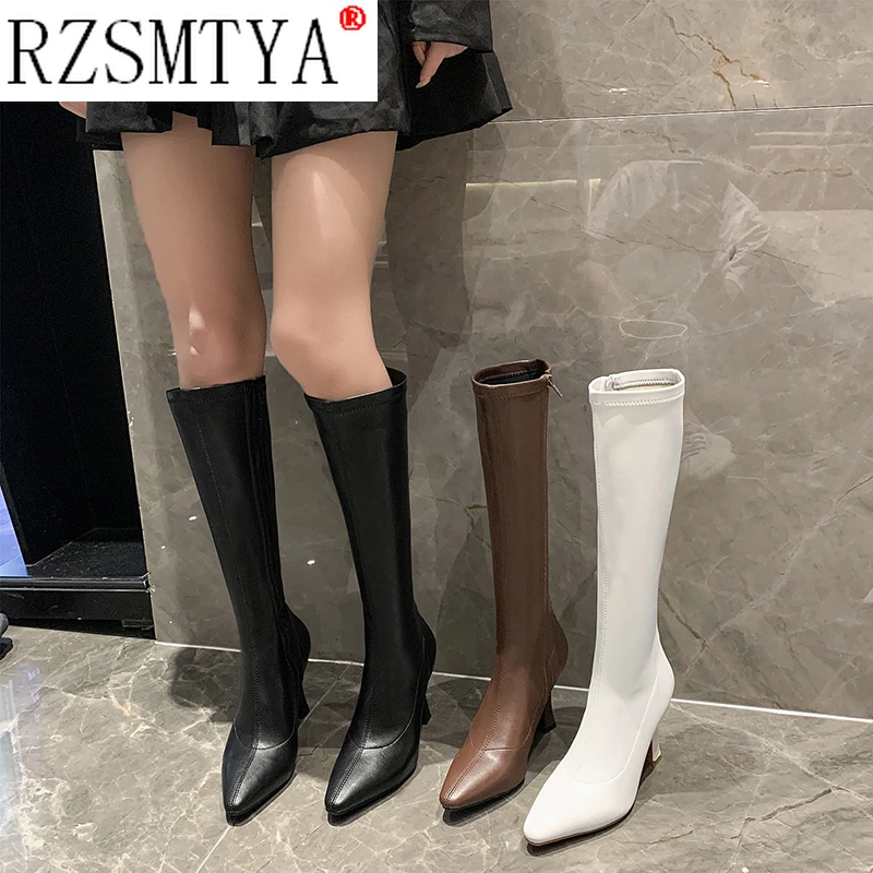 Autumn Women Boots pointed Toe Knee High Boots Fashion High Heel Long Boots Zipper Winter Shoes Ladies 2021 White Black