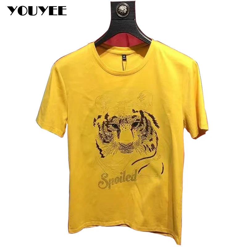 T-shirt Men\'s Tiger Head Rhinestone Top Trend Heavy Craft Slim Round Neck High-Quality Mercerized Cotton Short Sleeve Male Top