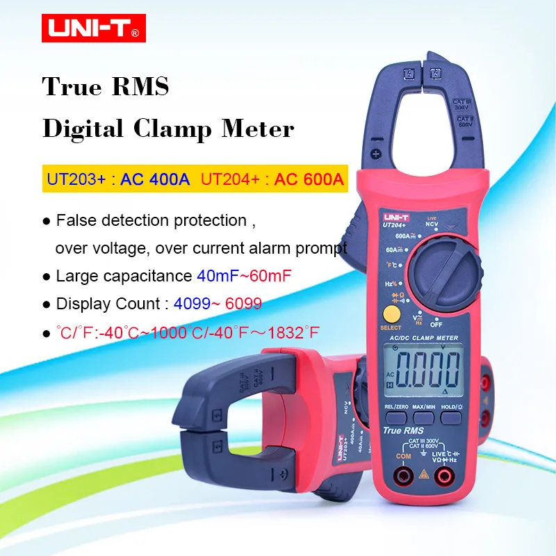 UNI-T UNI T True RMS Digital Clamp Meter DC AC Strom UT203 + UT204 + 400A-600A Multimeter Auto Range falsche erkennung schutz