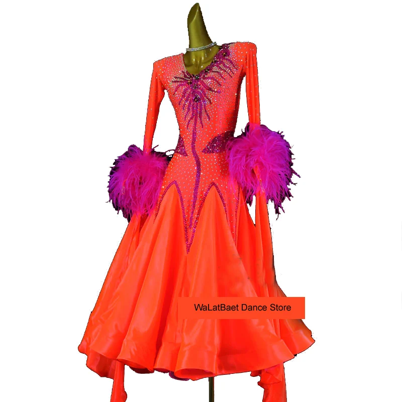 Feather Standard Ballroom Dance Dress Women Girls Competition Costume Lycra Waltz Stage Custom Made Orange Ballroom Dance Dress