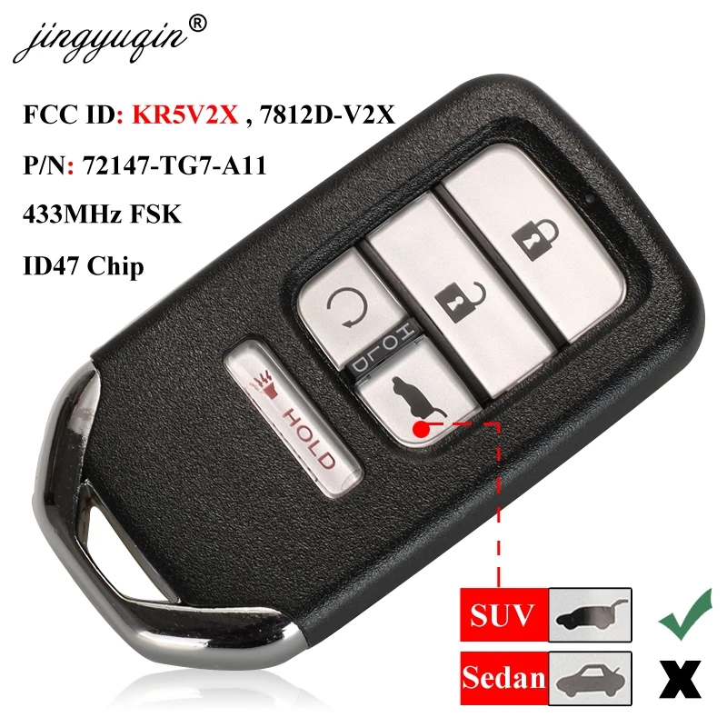 

jingyuqin for Honda Piot CR-V Civic 2016 2017 2018 2019 433MHz ID47 Chip FCC: KR5V2X 4+1 5 Button Smart Remote SUV Key Fob