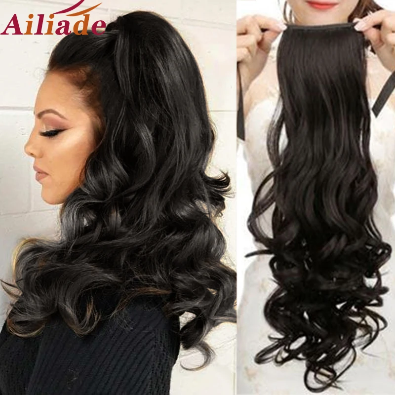 

AILIADE Clip in Hair Ponytail Extension Wig Curly Long Synthetic Fake Pony Tail Black Blonde False Hairpiece For Women