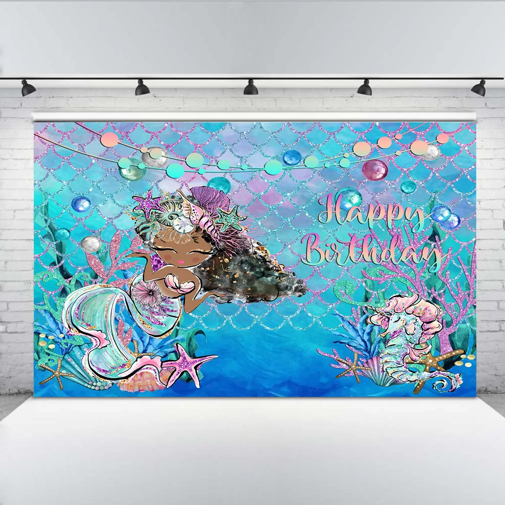 Latar belakang ulang tahun bertema putri duyung untuk fotografi di bawah laut kartun putri duyung latar belakang Hippocampus karang putri duyung baru lahir