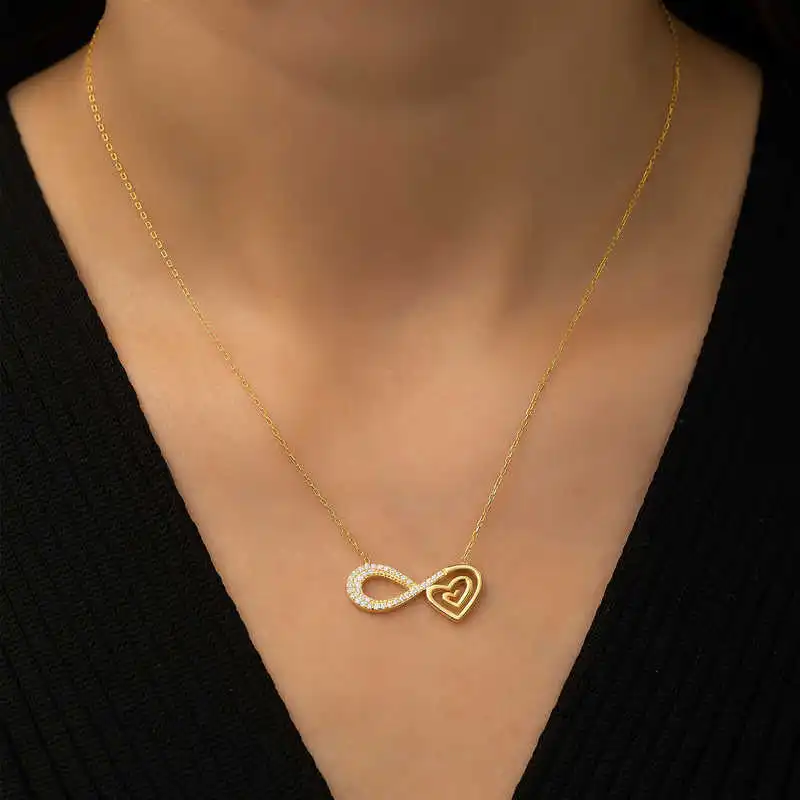 Silver Gold Heart Infinity Zircon Stone Women Necklace 925 Sterling Fine Jewelry Wedding Party Birthday Gift - Box -for - Pendant - Chain Choker - Female - Ladies - Fashion