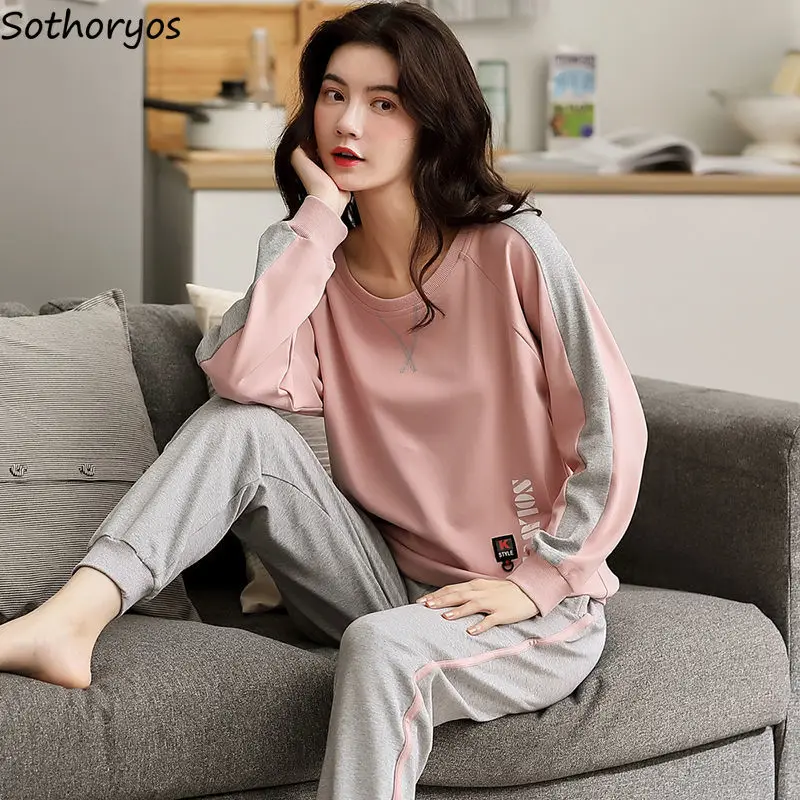 

Plus Size M-5XL Women Pajama Sets O-neck Print Panelled Ulzzang Oversize Soft Sleepwear Long Sleeve Tops Spring Two Piece Set