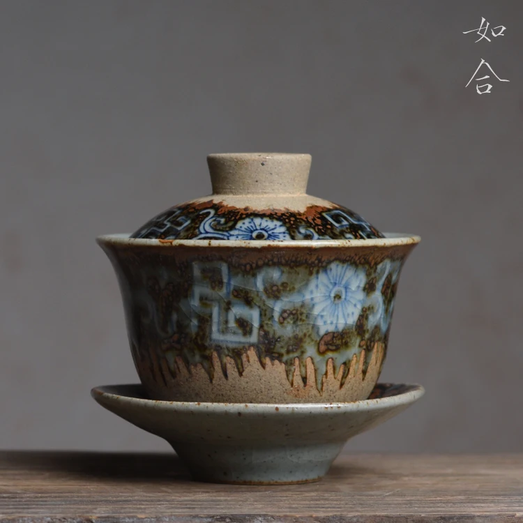 |Such as printed retro GuTao characteristics is not heavy to three bowl of tureen ceramic glaze color kung fu tea set