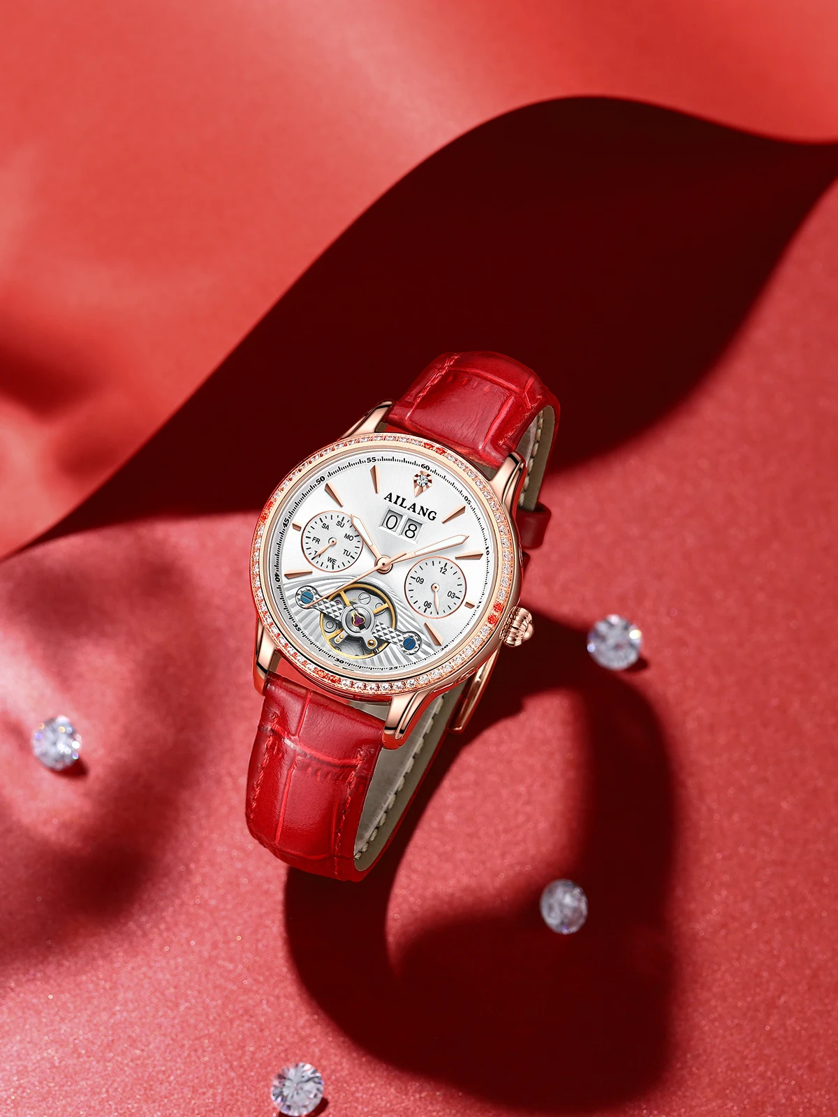 AILANG Women's Tourbillon Automatic Mechanical Watch Crystal Bezel Date Display Watch Waterproof Sports Wristwatch For Women view 4