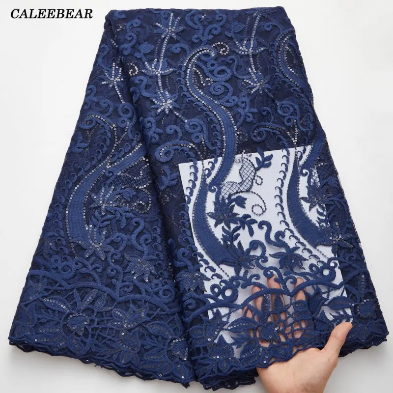 

Navy French Lace Fabric High Quality Lace With Sequins Latest African Embroidery Tulle Lace Fabric Nigerian Lace For Dress S2645