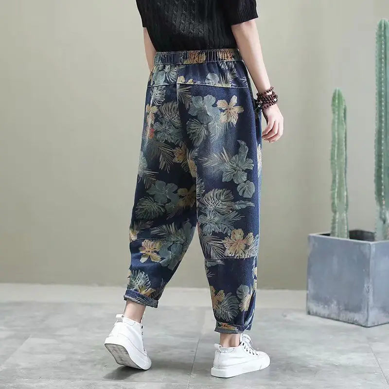 Baggy Printted Streetwear Ankle-length Jeans Oversized 90kg Flower Harem Denim Pants Retro Woemn High Wasit Spring New Pantalon