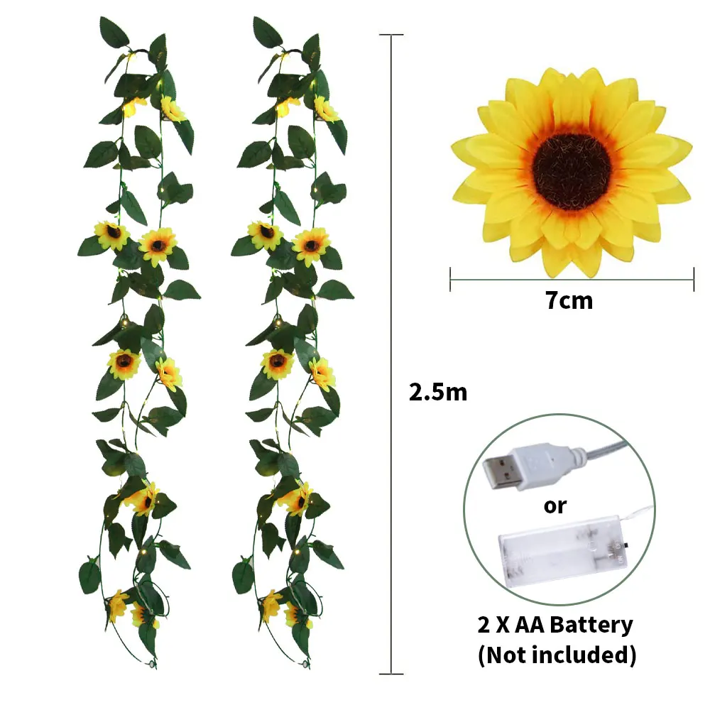 20 LED Sunflower String Fairy Lights USB Battery Powered Vine Lights Christmas Garland Leaf Lights for  Wedding Party Holidays