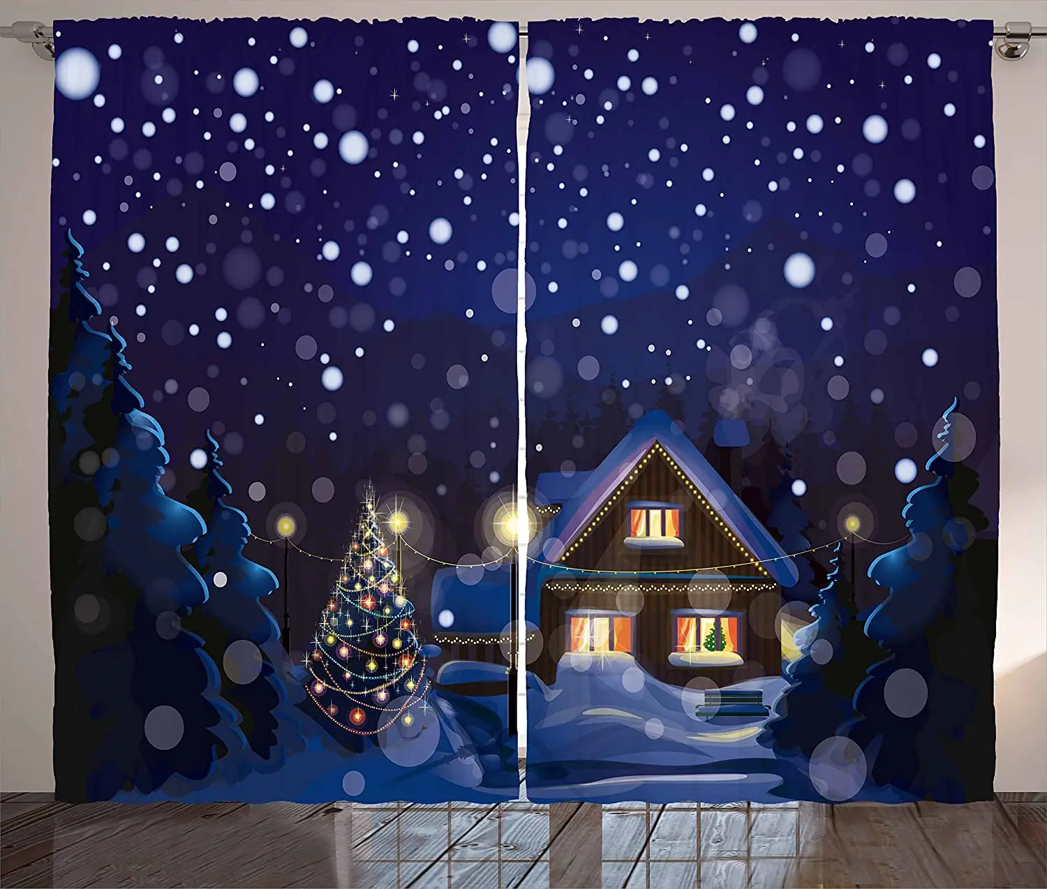 Christmas Blackout Curtains Winter Night Country Landscape with Little House Among Pine Trees and Snow Window Curtain