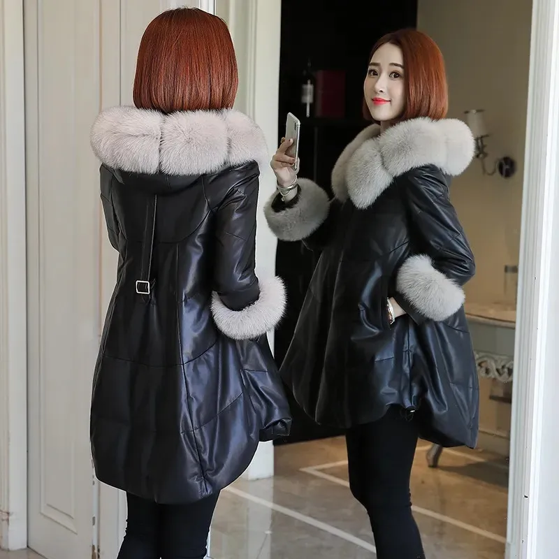 Autumn Winter Black Leather Jacket Women M-4XLFashion Slim Fox Fur PU Faux Leather Warm Short Fur Coats Feminina W2393