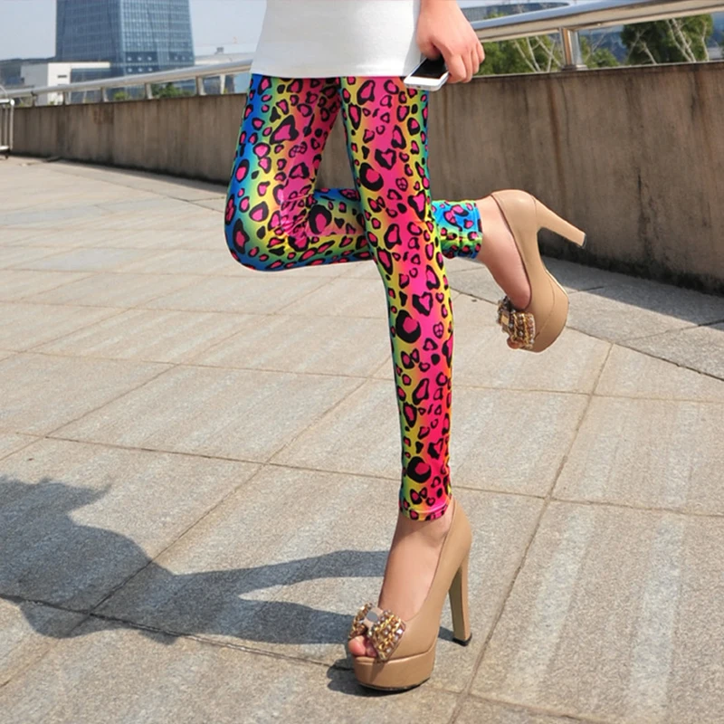 Fashion Personality Women's Leggings Spandex Rainbow Gradient Colourful Leopard Print Thin Elasticity High Waist Pants