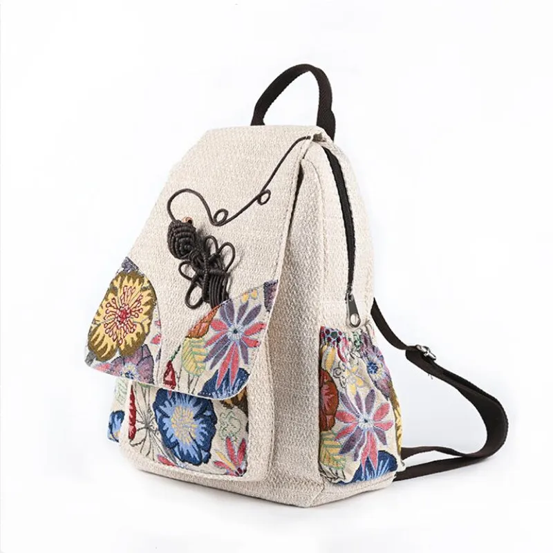 Cotton Linen Vintage Backpack for Women Ethnic Style Top Handle Rucksacks Female Lightweight Travel Bags Girls Cute Schoolbag