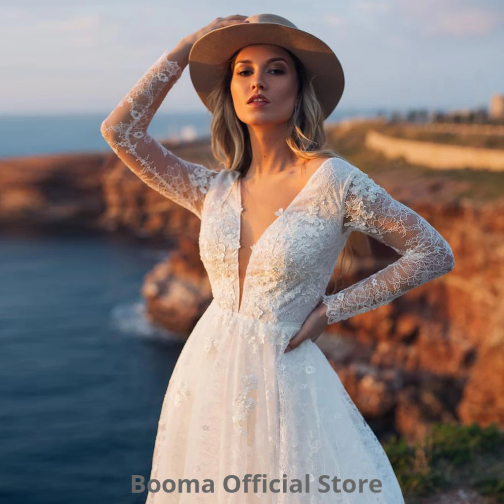 Booma Gaun Pernikahan Renda Elegan Boho Gaun Pengantin Tulle Lengan Panjang Gaun Pernikahan Pantai A-line Gaun Pesta Putri Bohemia