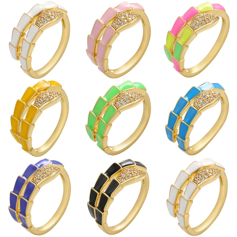 Enamel Curled Snake-Shaped Women's Ring Neon Colors Oil-Drop Effect CZ Crystals Women's Open-Ended Ring Jewelry Wholesale:VJ285
