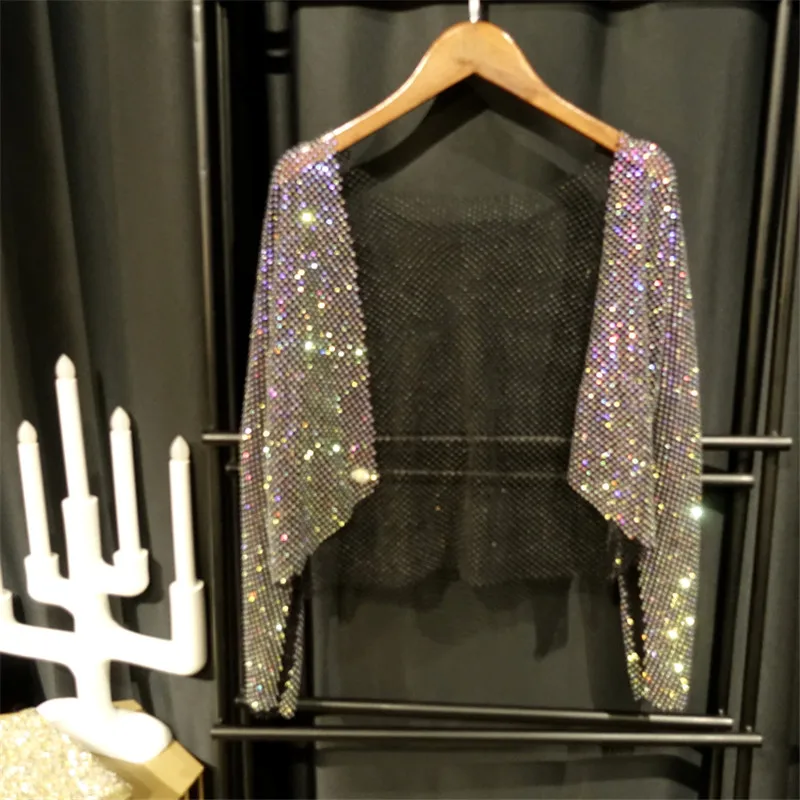 New Disco Sexy Light Diamond Crystal Mesh Shirt Top Bling Temperament Full Rhinestone Outer Wear Causla Cropped Cardigan