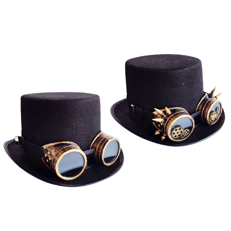 Vintage Black Steampunk Top Hat Gear Glasses Punk Hat Gothic HeadWear Holiday Party Decoration Hat Halloween Accessories