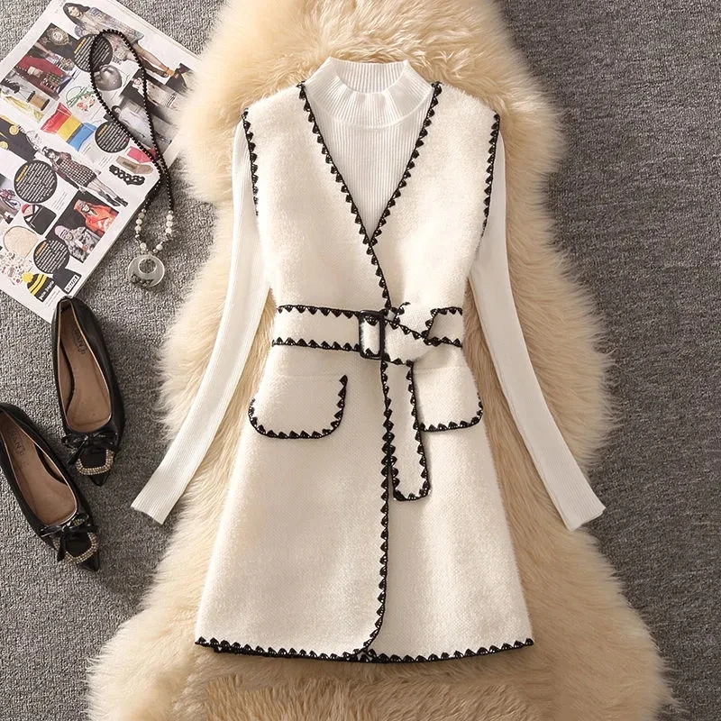 Korean Belted Mid-Length Vest Jacket Women Spring Fashion Design Waistcoat+Half Turtleneck Sweater Chic Vest Suit 2 Piece Sets