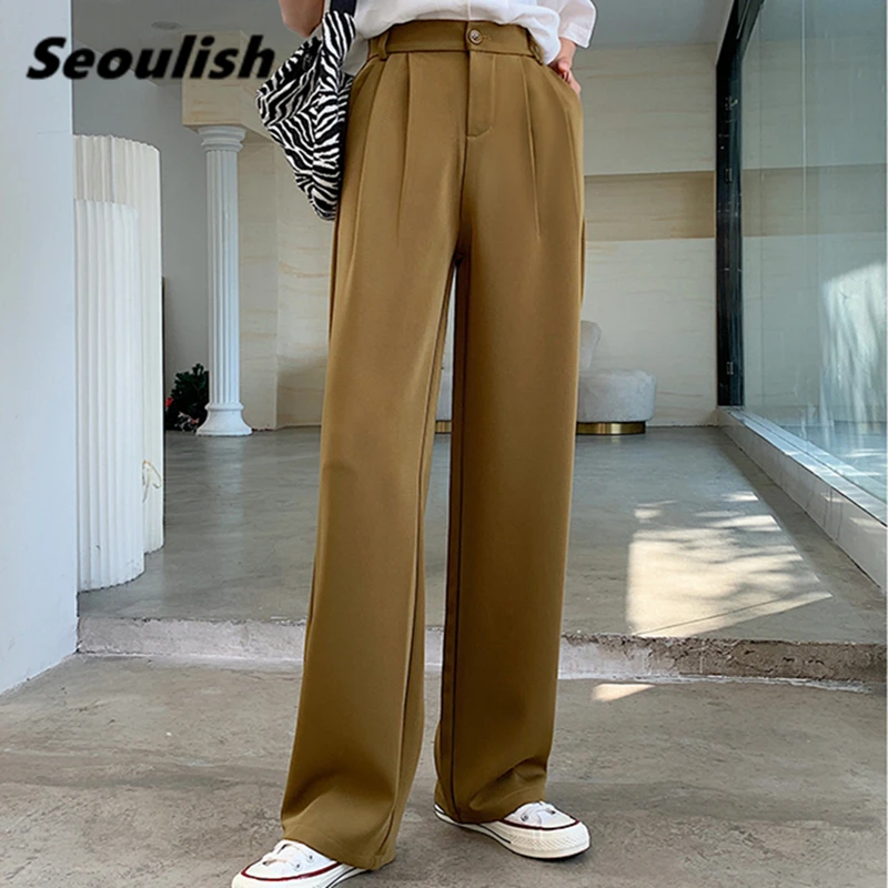 

Seoulish 2021 New Spring Summer Minimalism Loose Wide Leg Women's Pants High Waist Button Female Elegant Office Work Trousers