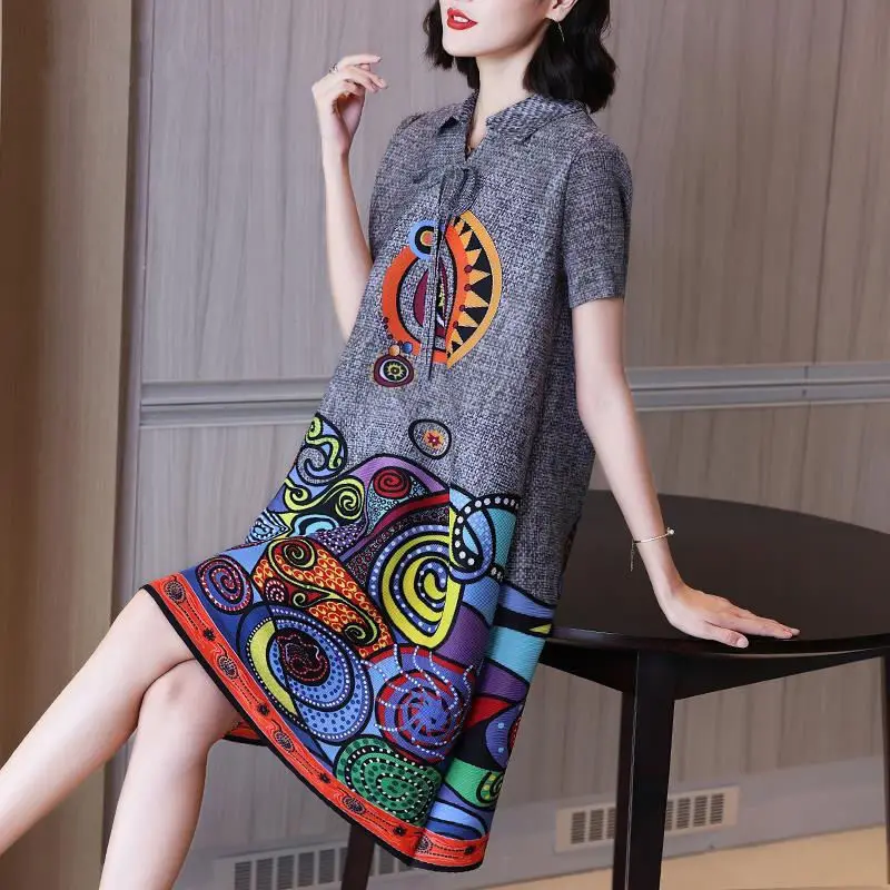 

Women Dress French High-end Temperament Pleated Dress 2023 Summer New Lapel Fashion Loose Long Dress O Neck Dress Clothing