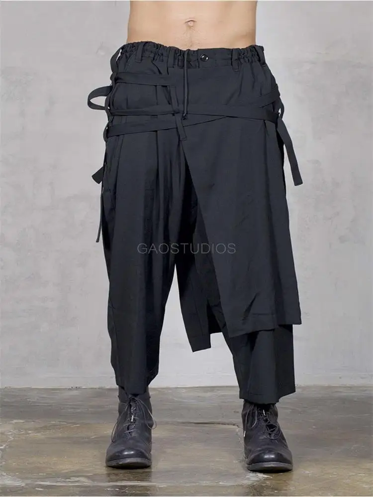 Spring and Autumn new irregular multi - belt deconstructing pants black classic multi - layer Japanese loose small leg pants